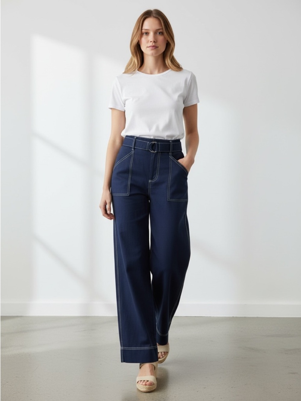 1250 • Navy Rayon Blend Wide Leg Pants w/White Stitching Slant Pockets & Belt